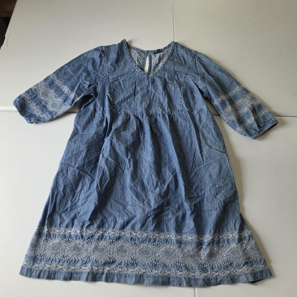 J Jill Dress Womens XL Blue Chambray Embroidered Shift 3/4 Sleeve Boho Western